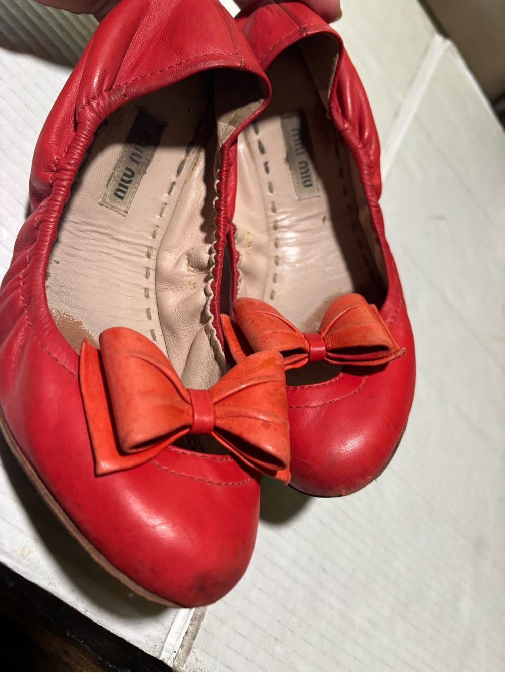 Miu Miu Coral Red Bow Leather Ballet Flat - Picture 8 of 16